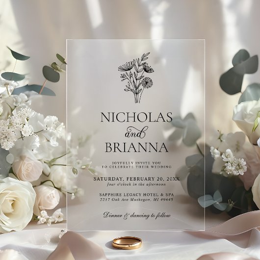 Modern Minimalist Black White Floral Wedding Acryleinladungen