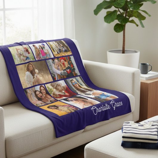 Modern Minimalist Blue 10 Photo Collage With Name Fleecedecke