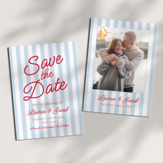 Modern Minimalist Blue and Red Stripes Wedding Save The Date