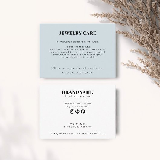 Modern Minimalist Blue Jewelry Care Insert Card