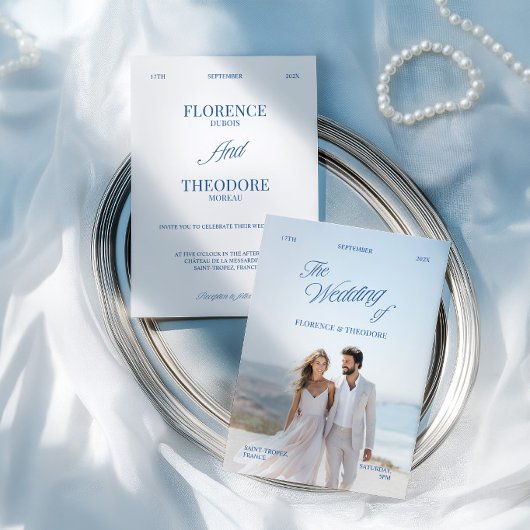 Modern Minimalist Blue & White Photo Wedding Einladung