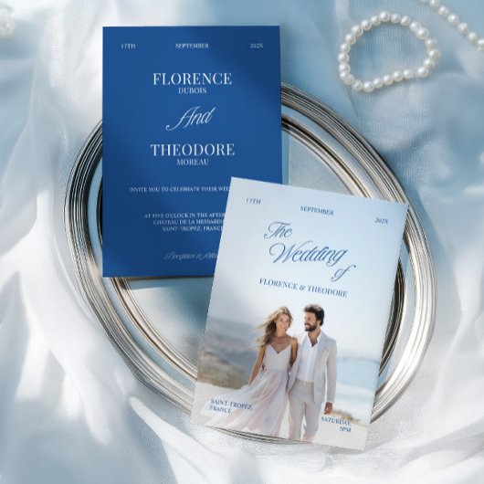 Modern Minimalist Blue & White Photo Wedding Einladung