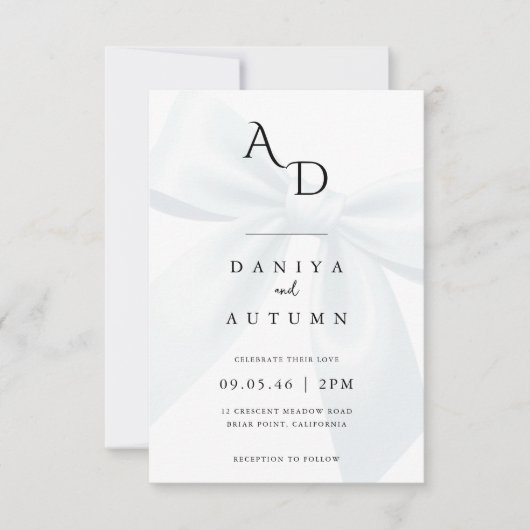 Modern Minimalist Bow Black & White Wedding Einladung (Vorderseite)