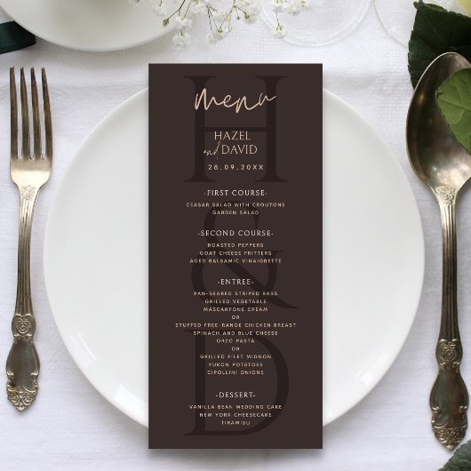 Modern Minimalist Brown Monogram Wedding Menükarte