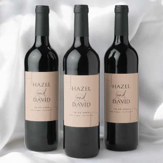 Modern Minimalist Brown Monogram Wedding Weinetikett