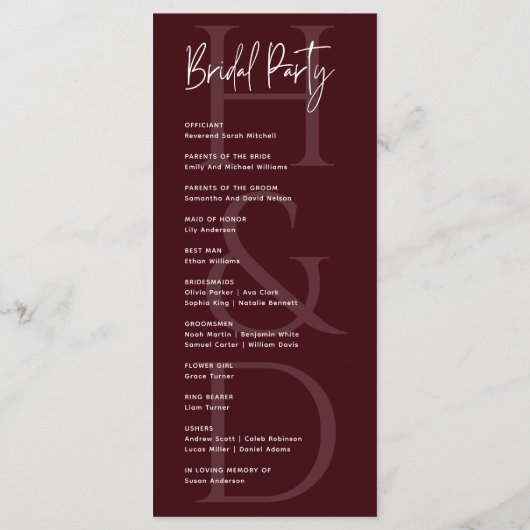 Modern Minimalist Burgundy Monogram Wedding Programm (Rückseite)