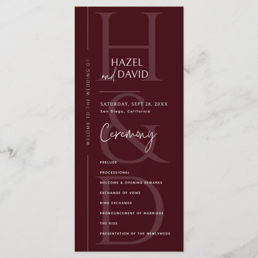 Modern Minimalist Burgundy Monogram Wedding Programm (Vorderseite)