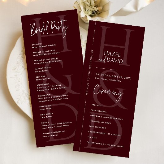 Modern Minimalist Burgundy Monogram Wedding Programm