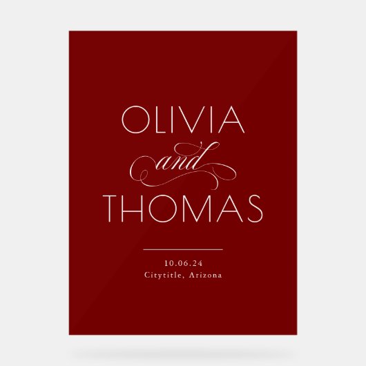 Modern Minimalist Burgundy Red Wedding Welcome Acrylschild (Vorderseite)