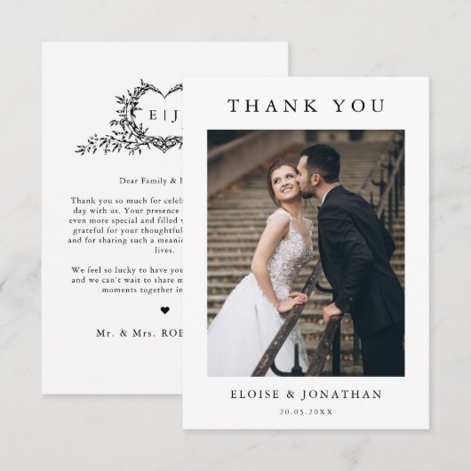 Modern Minimalist Calligraphy Crest monogram Dankeskarte (Vorne/Hinten)