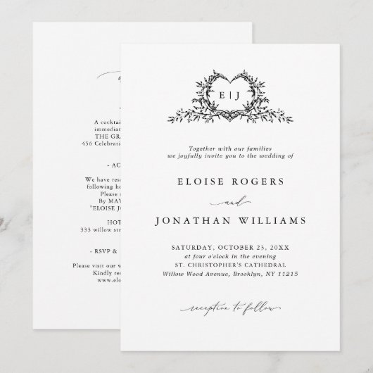 Modern Minimalist Chic Calligraphy Crest Wedding Einladung (Vorne/Hinten)