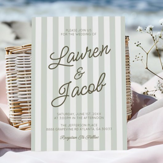 Modern Minimalist Coastal Green Stripes Wedding Einladung