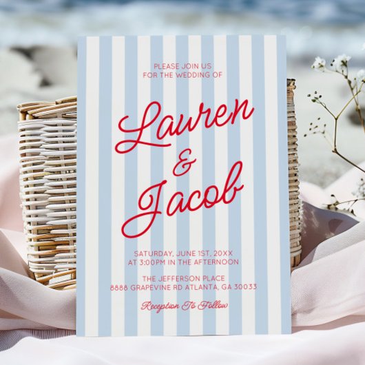 Modern Minimalist Coastal Red Blue Stripes Wedding Einladung