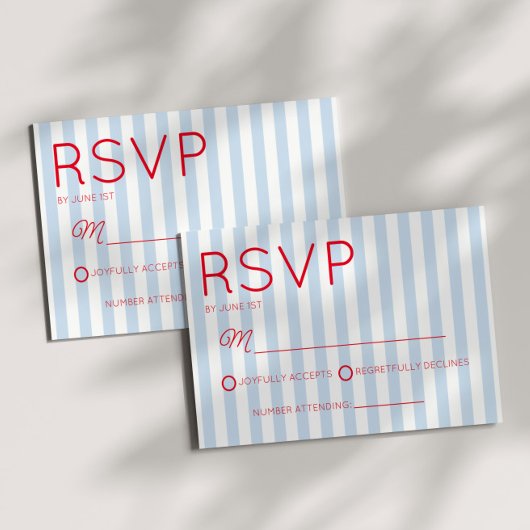 Modern Minimalist Coastal Red Blue Stripes Wedding RSVP Karte