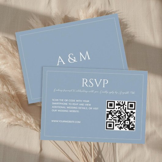 Modern minimalist dusty blue QR code wedding  RSVP Karte