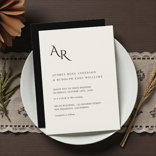 Modern Minimalist Elegant Ivory Black Wedding Einladung