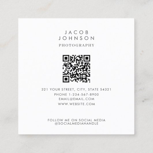 Modern Minimalist Full Photo QR Code Social Media Quadratische Visitenkarte (Rückseite)