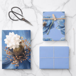 Modern Minimalist Gold and Blue Poppy Geschenkpapier Set