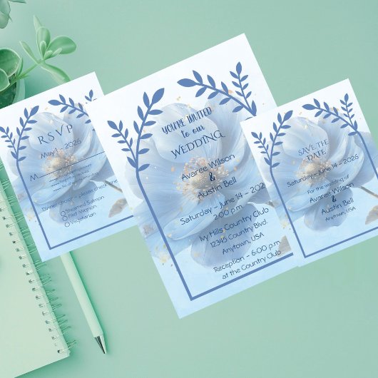Modern Minimalist Gold and Blue Poppy Wedding   Einladung