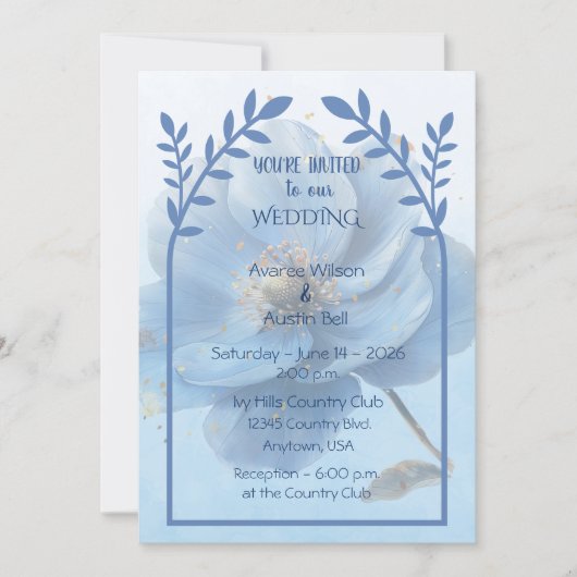 Modern Minimalist Gold and Blue Wedding Einladung (Vorderseite)