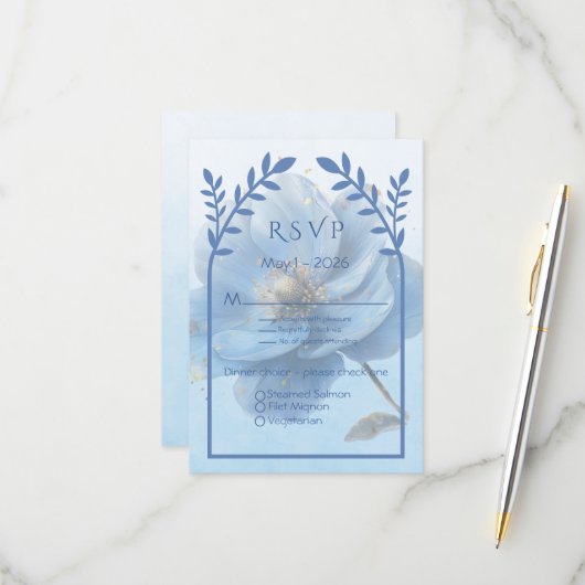 Modern Minimalist Gold and Blue Wedding RSVP Karte (Vorderseite/Rückseite Beispiel)