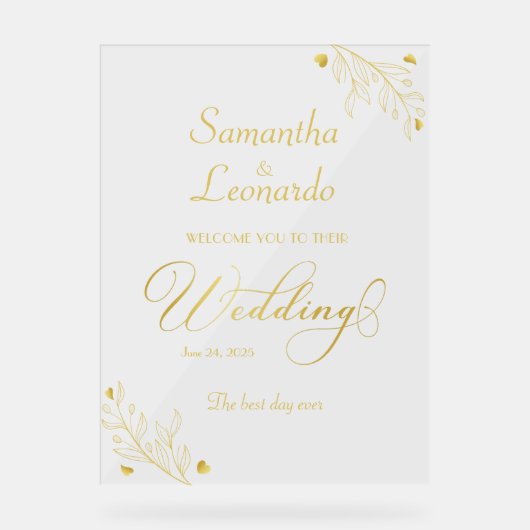 Modern Minimalist Golden Floral Wedding Welcome Acrylschild (Vorderseite)