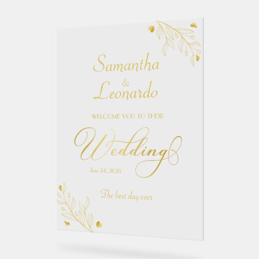 Modern Minimalist Golden Floral Wedding Welcome Acrylschild (Winkel)