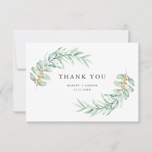 Modern Minimalist Greenery Foliage Wedding Dankeskarte (Vorderseite)