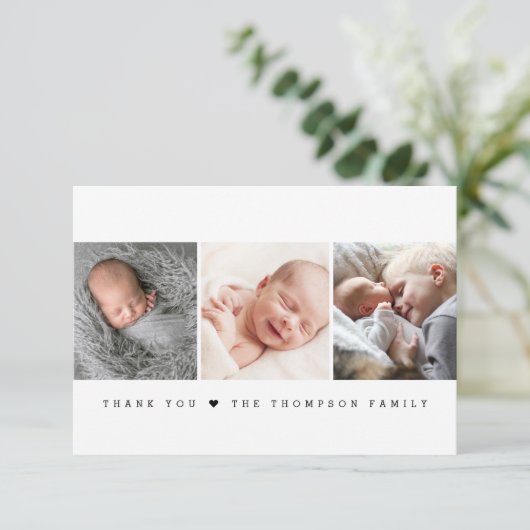 Modern Minimalist heart Newborn Photo Collage Dankeskarte (Stehend Vorderseite)