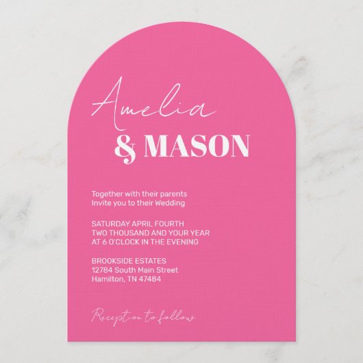 Modern Minimalist Hot Pink and White Arch Wedding Einladung (Vorderseite)