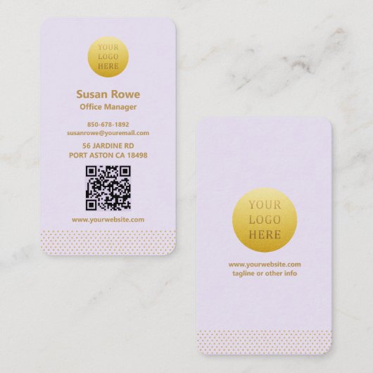 Modern Minimalist Lilac and Gold Dots QR Code Visitenkarte (Vorne/Hinten)