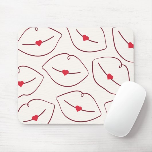 Modern Minimalist Line Art Lips Cherry Red Mousepad (Mit Mouse)