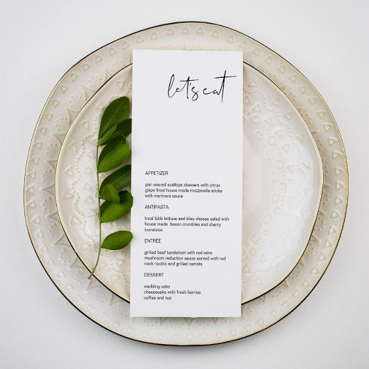 Modern Minimalist Long Let's Eat Wedding Menu Menükarte