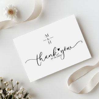 Modern Minimalist Monogram Script Heart Wedding Dankeskarte