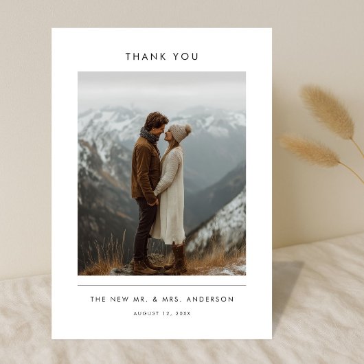 Modern Minimalist Newlywed Mountain Photo Wedding Dankeskarte