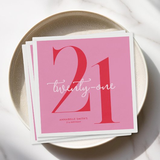 Modern Minimalist Pink Red 21st Birthday Serviette