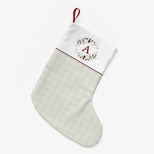 Modern Minimalist Plaid Holly Wreath Monogram Kleiner Weihnachtsstrumpf (Vorderansicht (hängend))