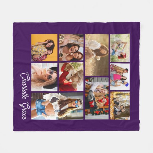 Modern Minimalist Purple 10 Photo Collage Name Fleecedecke (Vorderseite (Horizontal))
