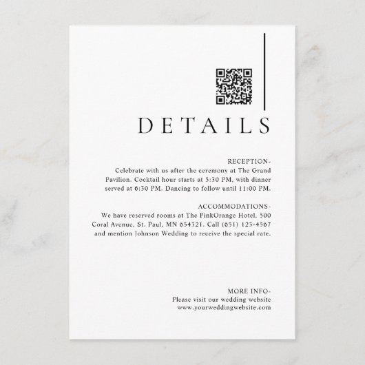 Modern Minimalist QR Code Wedding Details Begleitkarte (Vorderseite)