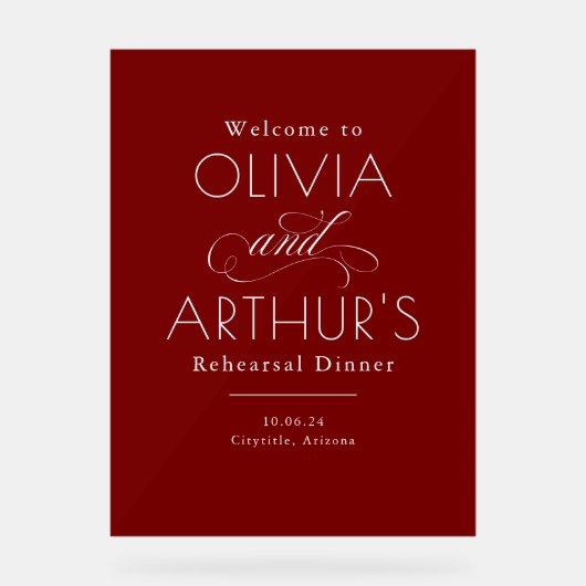 Modern Minimalist Red Rehearsal Dinner Welcome Acrylschild (Vorderseite)