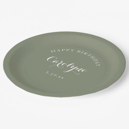 Modern Minimalist Sage Green Birthday Pappteller (Schrägansicht)