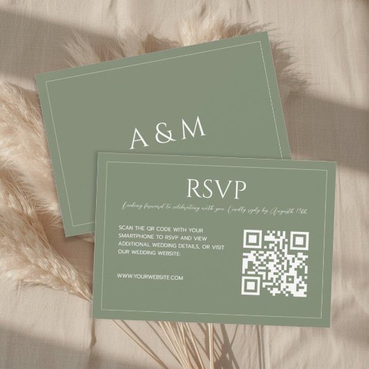 Modern minimalist sage green QR code wedding RSVP Karte