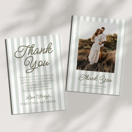 Modern Minimalist Sage Green Stripes Wedding Dankeskarte