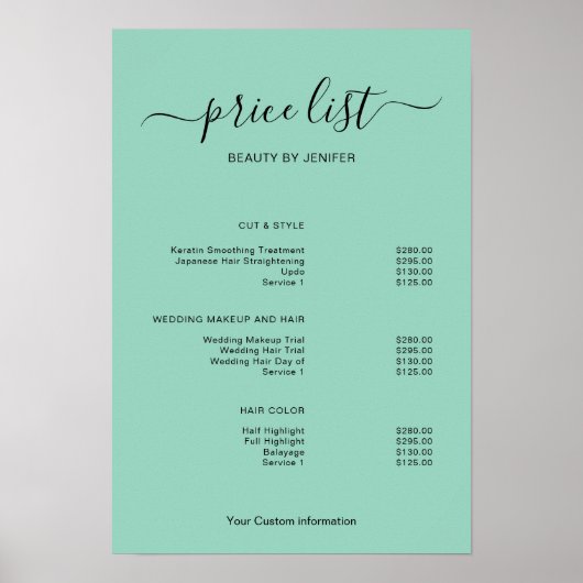 Modern Minimalist Salon Price List Sign for Beauty Poster (Vorne)