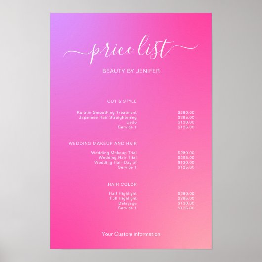 Modern Minimalist Salon Price List Sign for Beauty Poster (Vorne)