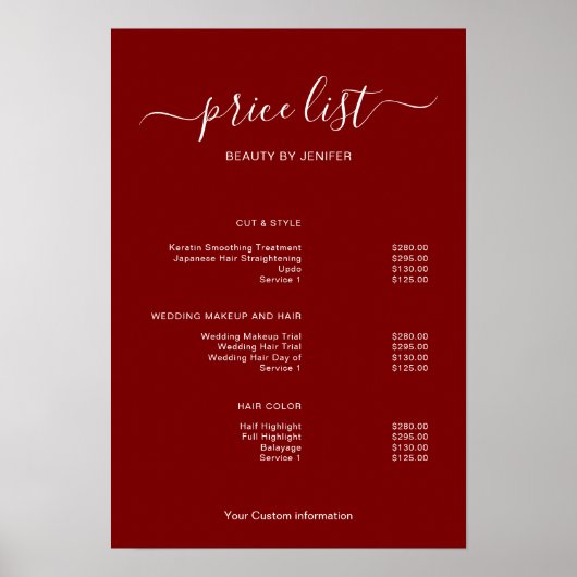 Modern Minimalist Salon Price List Sign for Beauty Poster (Vorne)