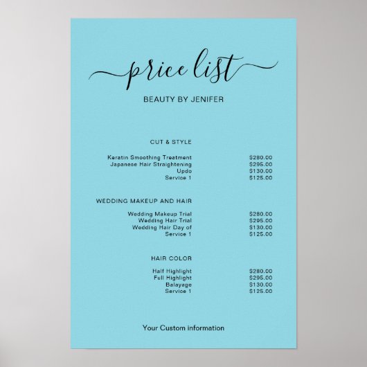 Modern Minimalist Salon Price List Sign for Beauty Poster (Vorne)