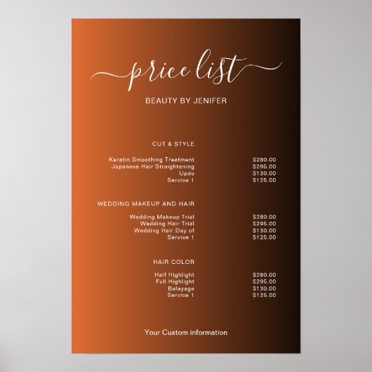 Modern Minimalist Salon Price List Sign for Beauty Poster (Vorne)