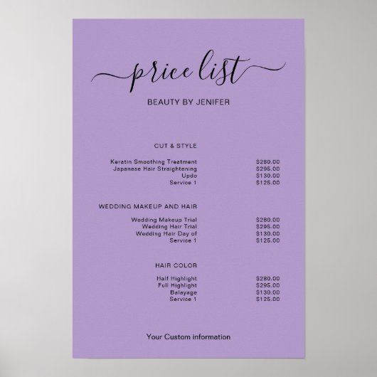 Modern Minimalist Salon Price List Sign for Beauty Poster (Vorne)