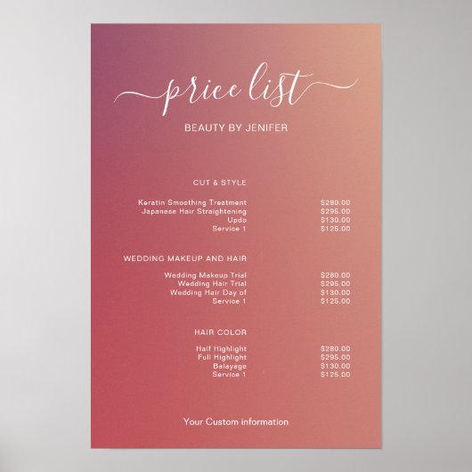 Modern Minimalist Salon Price List Sign for Beauty Poster (Vorne)